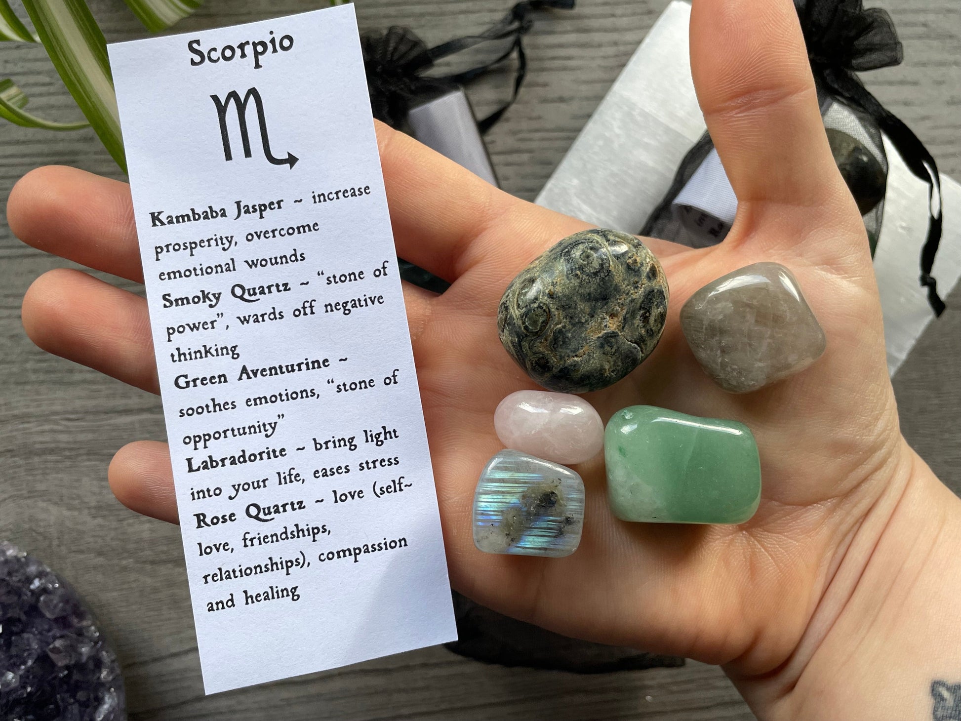 An image of a collection of tumbled stones in an organza bag. To the side is a piece of paper that describes what each tumbled stone's metaphysical properties are. SCORPIO Zodiac Tumbled Crystal Bag crystals