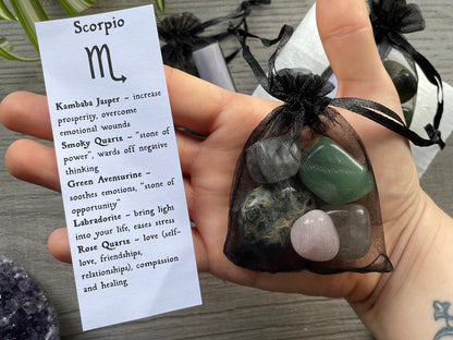 An image of a collection of tumbled stones in an organza bag. To the side is a piece of paper that describes what each tumbled stone's metaphysical properties are. SCORPIO Zodiac Tumbled Crystal Bag front