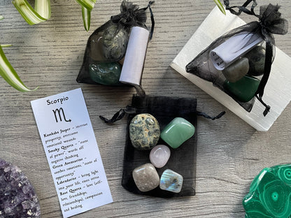 An image of a collection of tumbled stones in an organza bag. To the side is a piece of paper that describes what each tumbled stone's metaphysical properties are. SCORPIO Zodiac Tumbled Crystal Bag