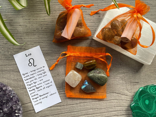 An image of a collection of tumbled stones in an organza bag. To the side is a piece of paper that describes what each tumbled stone's metaphysical properties are. LEO Zodiac Tumbled Crystal Bag