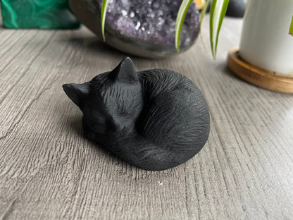 Unpolished Black Obsidian Sleeping Cat Crystal Carving front