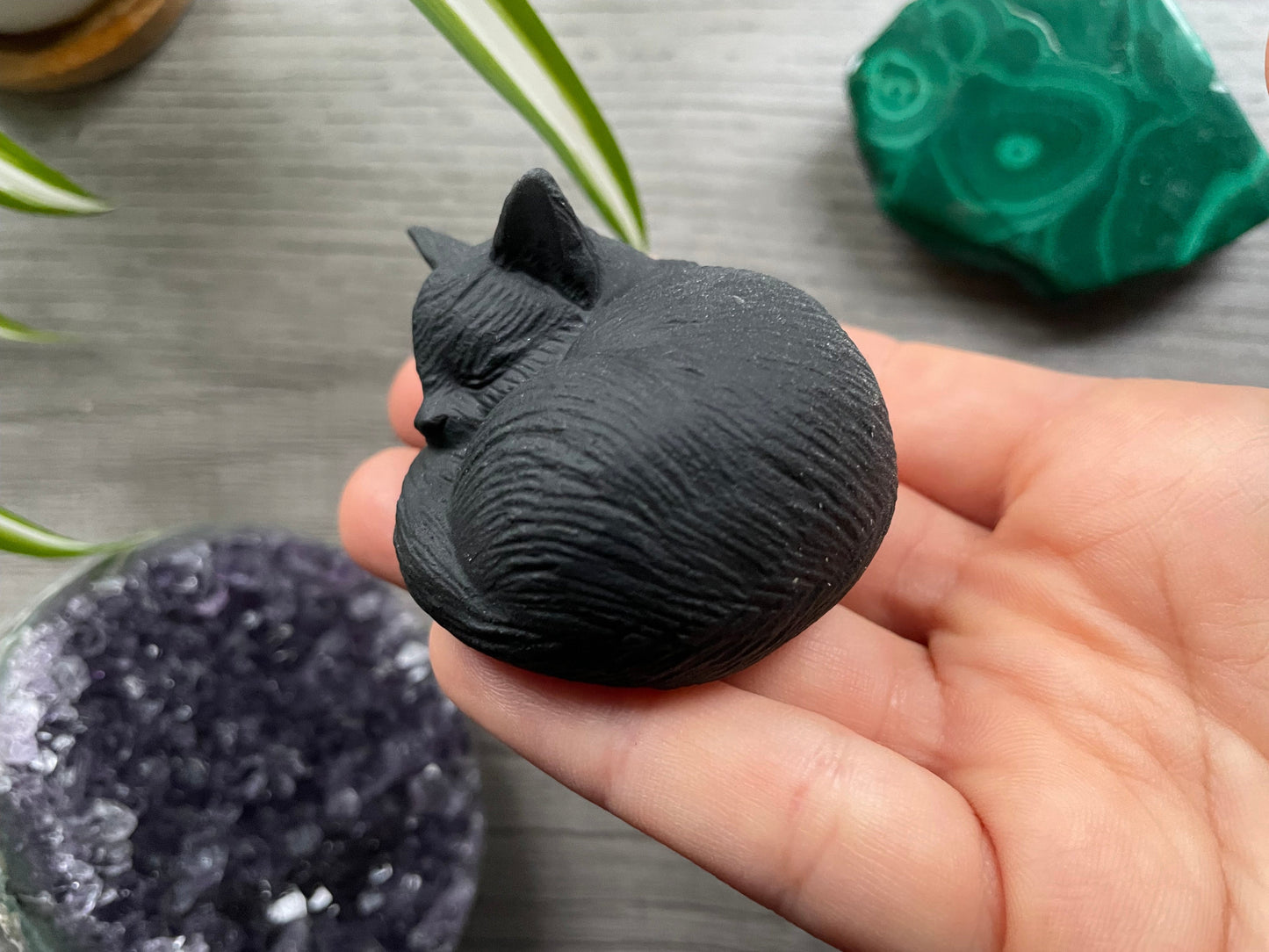 Unpolished Black Obsidian Sleeping Cat Crystal Carving side