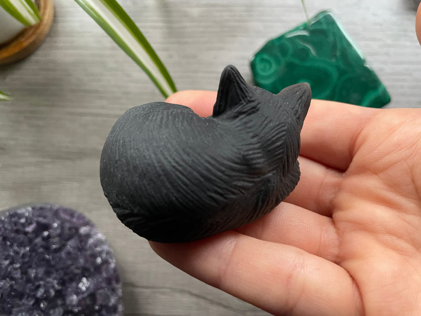 Unpolished Black Obsidian Sleeping Cat Crystal Carving back