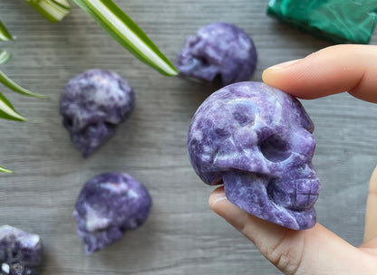 Pictured are various skulls carved out of lepidolite.Lepidolite Crystal Skull (5cm) - The Wandering Fox Emporium, Your Metaphysical Store side