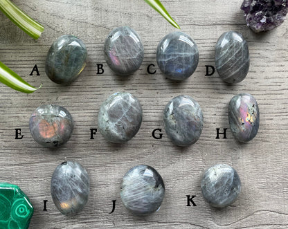 Purple Flash Labradorite Palm Stone front