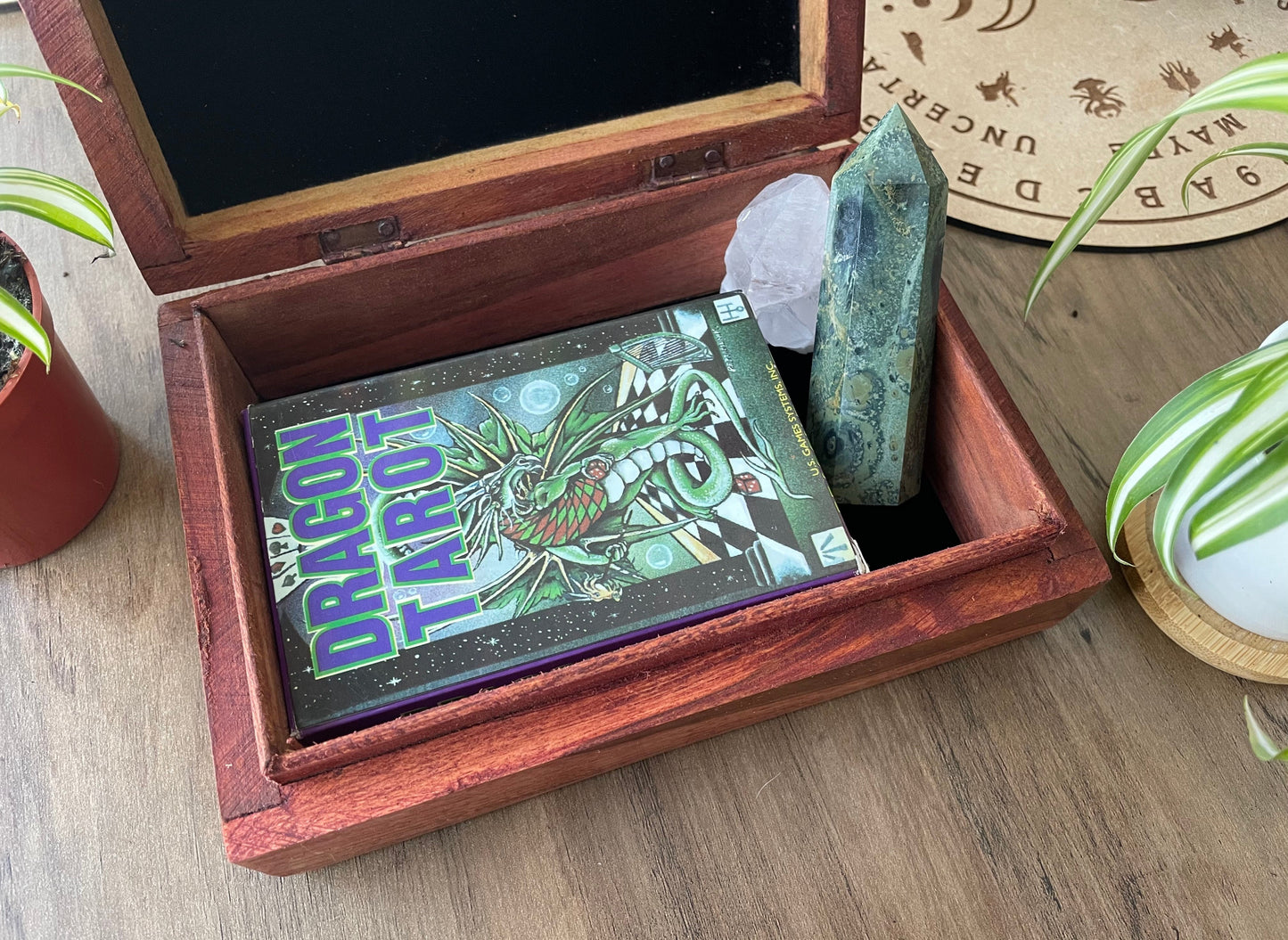 Pictured is hand-carved wood box with the pentacle symbol in the middle. Pentacle Carved Wooden Box  open