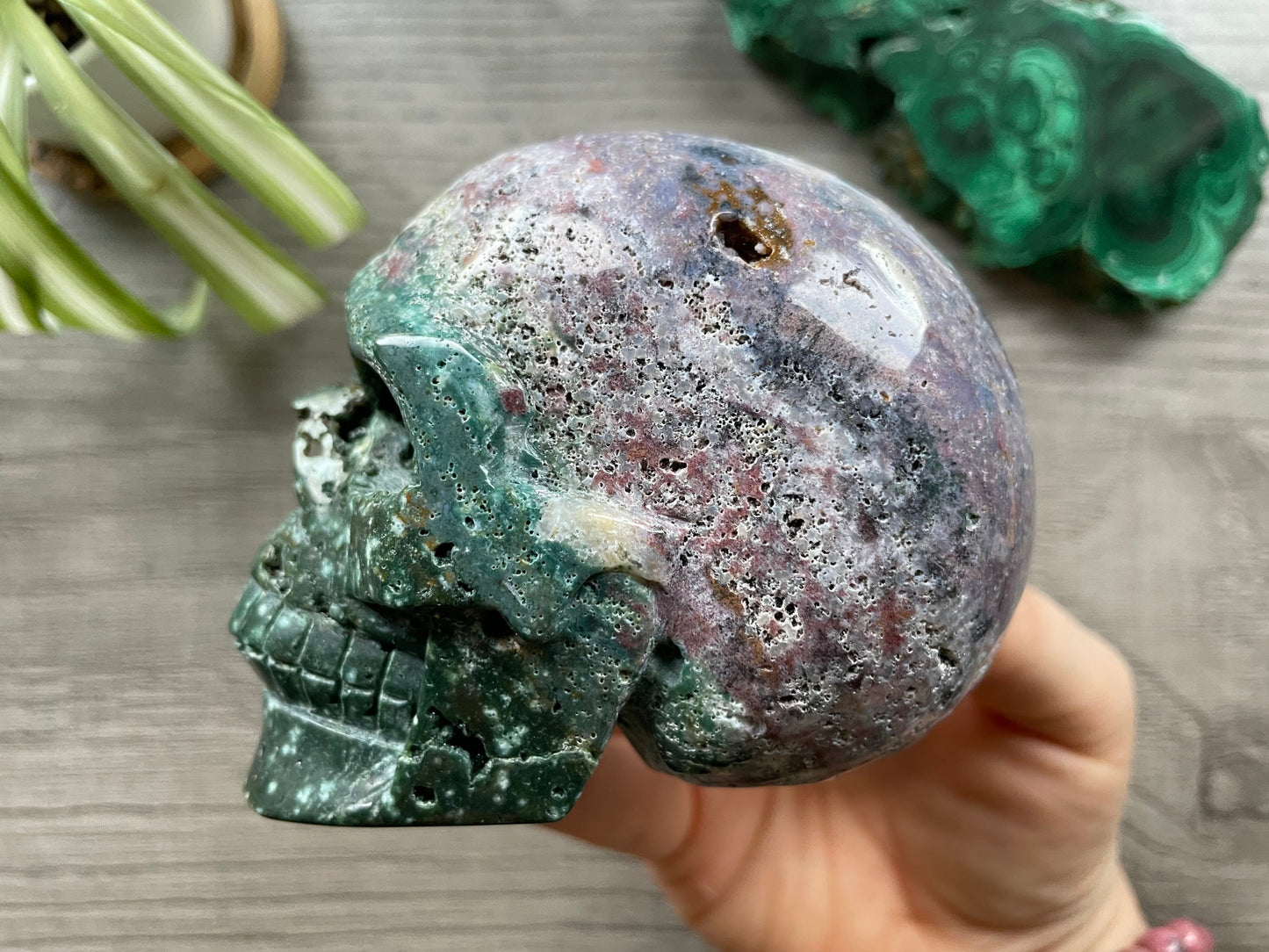 Pictured is a large skull carved out of ocean jasper or river jasper. Ocean Jasper Crystal Skull .55kg - The Wandering Fox Emporium, Your Metaphysical Storeside