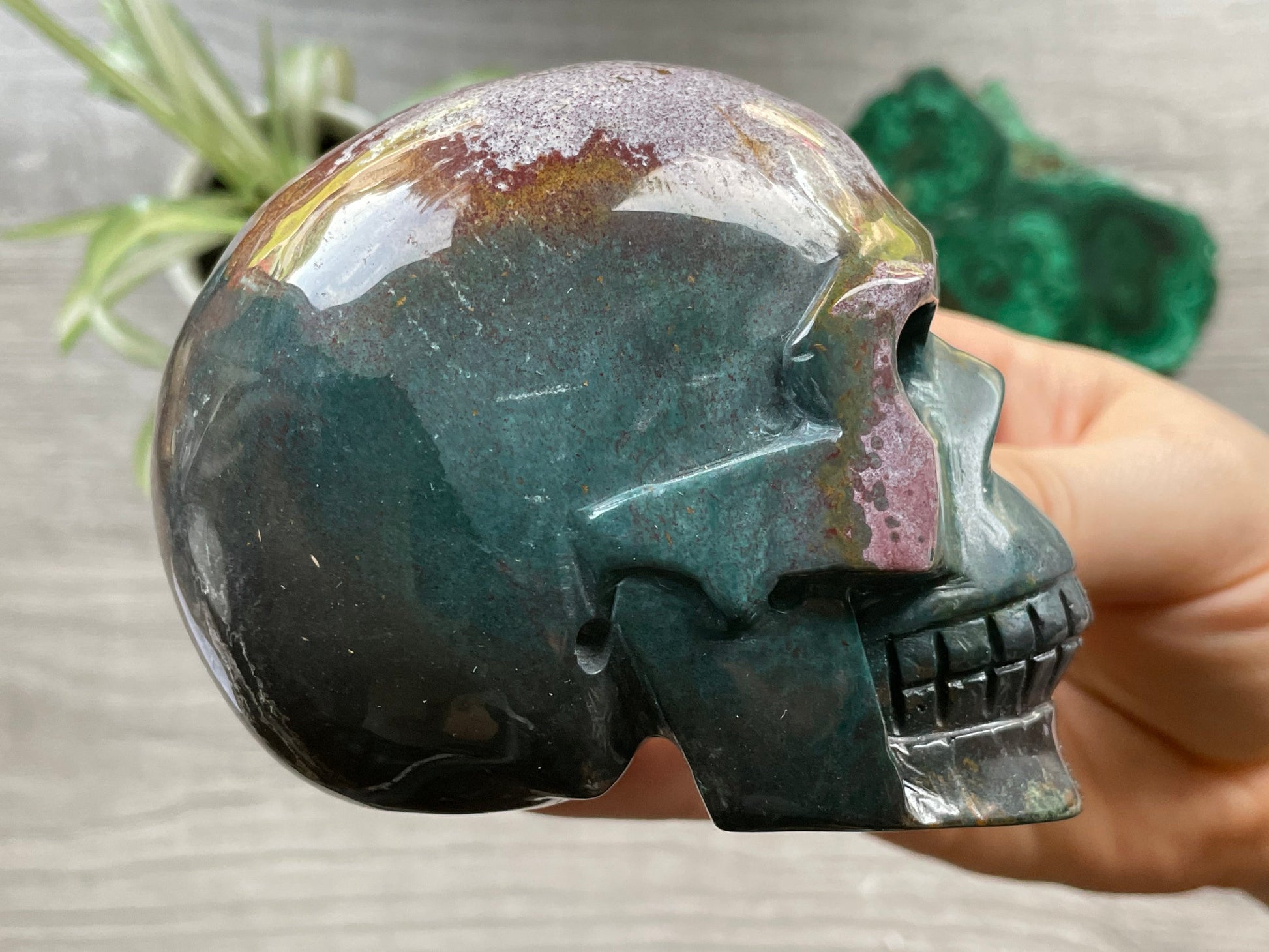 Pictured is a large skull carved out of ocean jasper or river jasper. Ocean Jasper Crystal Skull .65kg - The Wandering Fox Emporium, Your Metaphysical Store