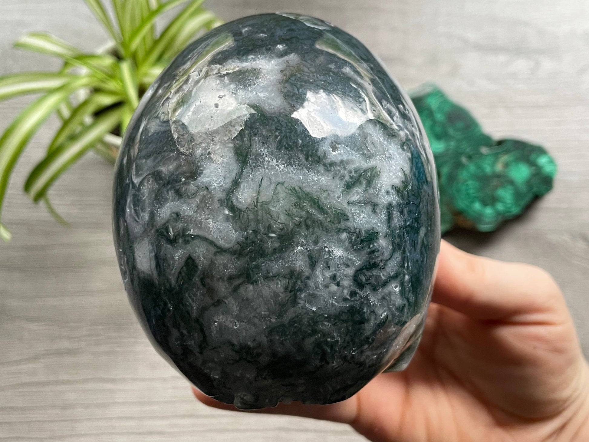 Pictured is a large skull carved out of moss agate.