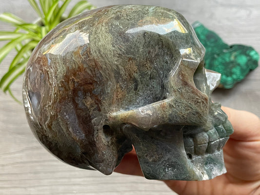 Moss Agate Crystal Skull (1.15kg) - The Wandering Fox Emporium, Your Metaphysical Store