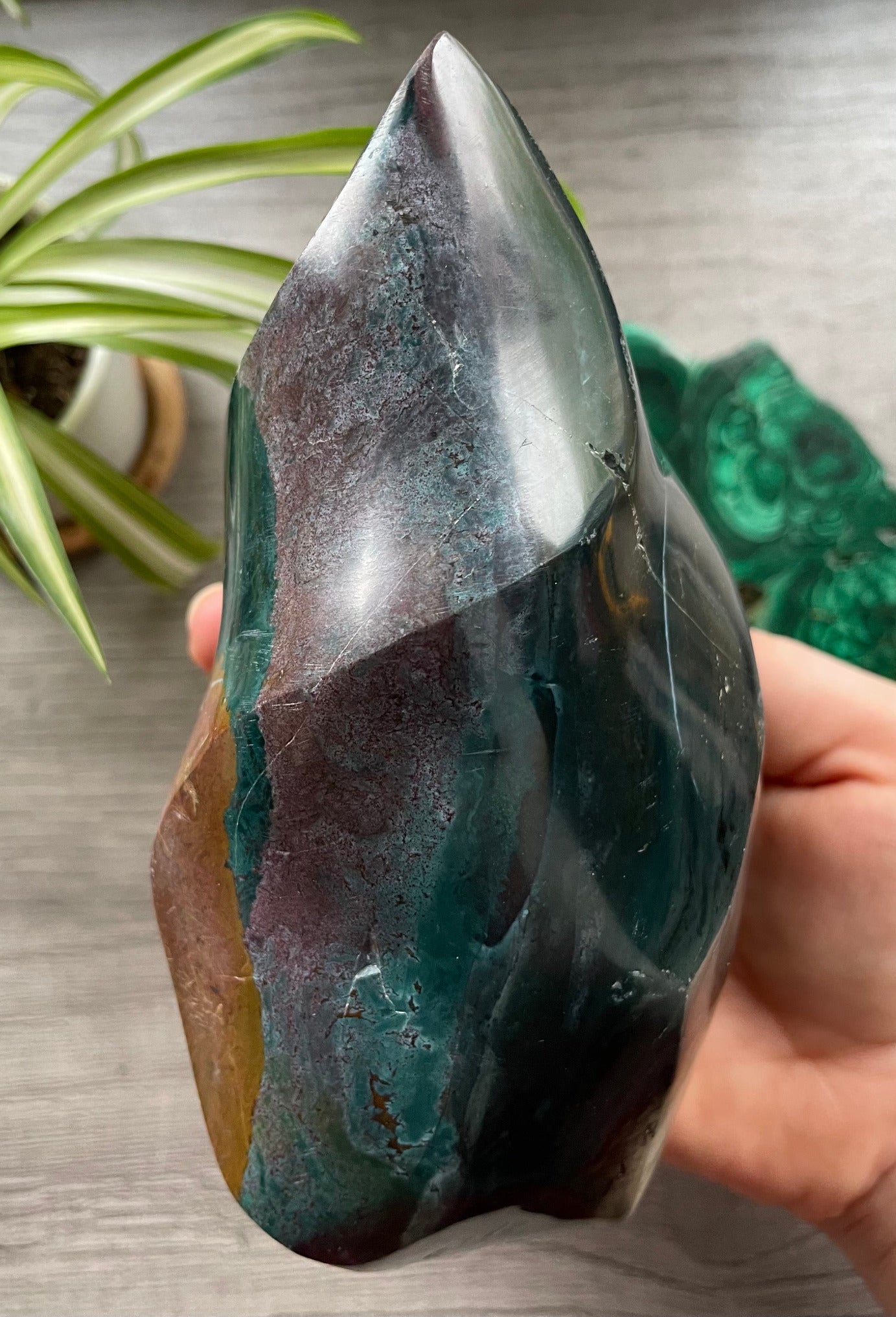 Pictured is a carved ocean jasper (river jasper) flame. Ocean Jasper Flame 1.1kg - The Wandering Fox Emporium, Your Crystal Store 3