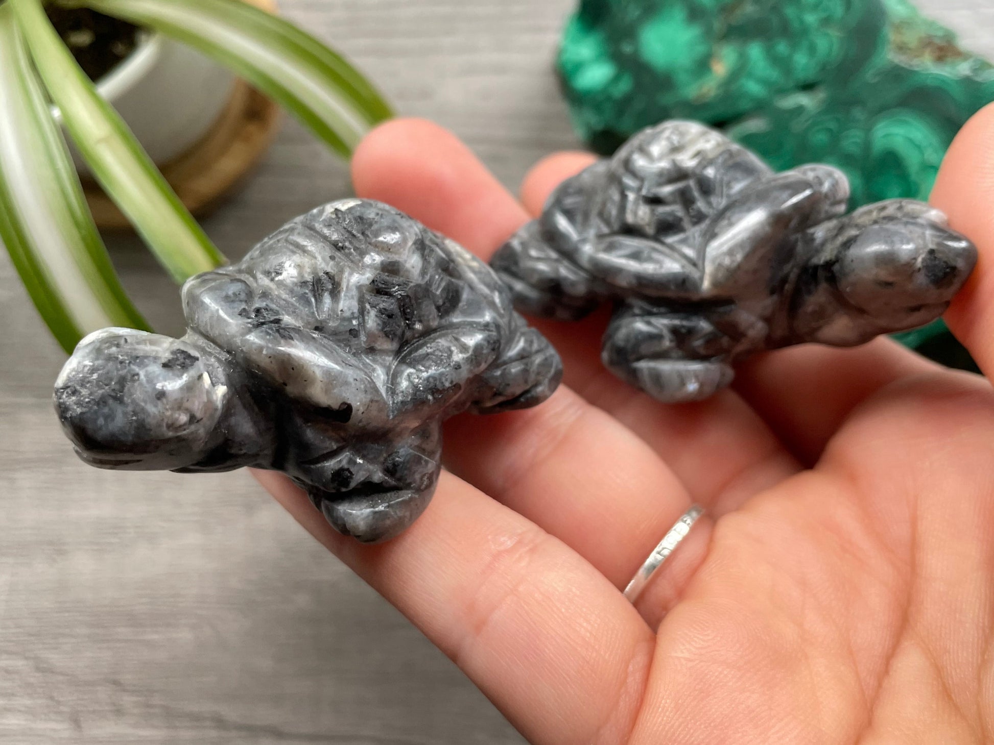 Larvikite Turtle Crystal Carving