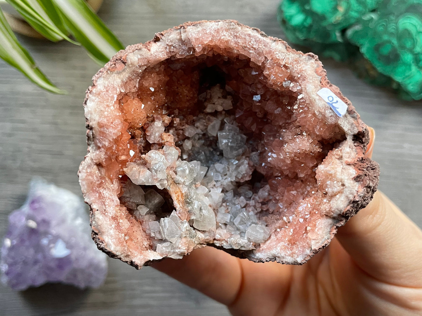 Pink Amethyst Geode Crystal with Calcite Formations top