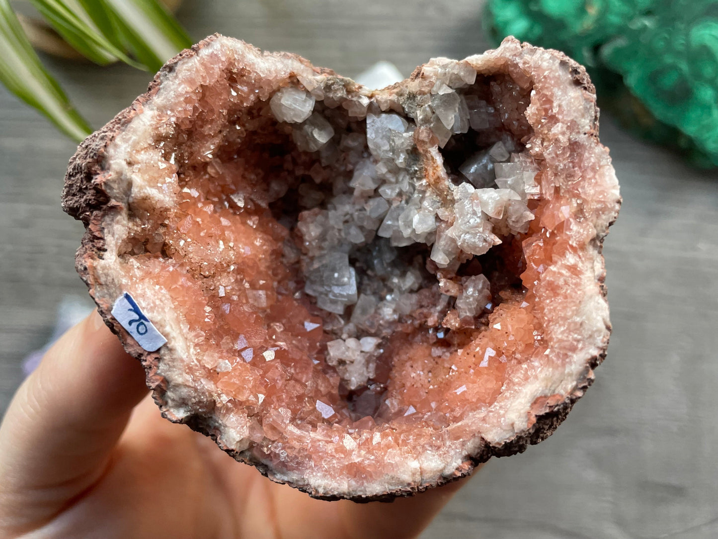 Pink Amethyst Geode Crystal with Calcite Formations close up