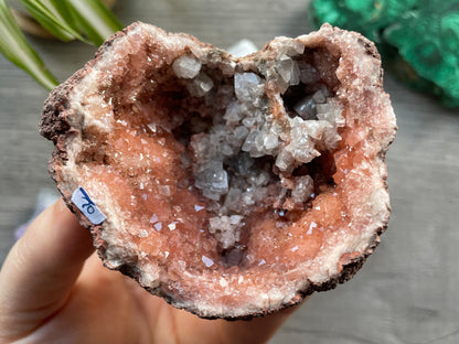 Pink Amethyst Geode Crystal with Calcite Formations close up