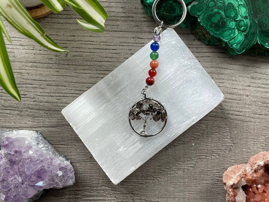 Smoky Quartz Crystal Tree of Life Keychain