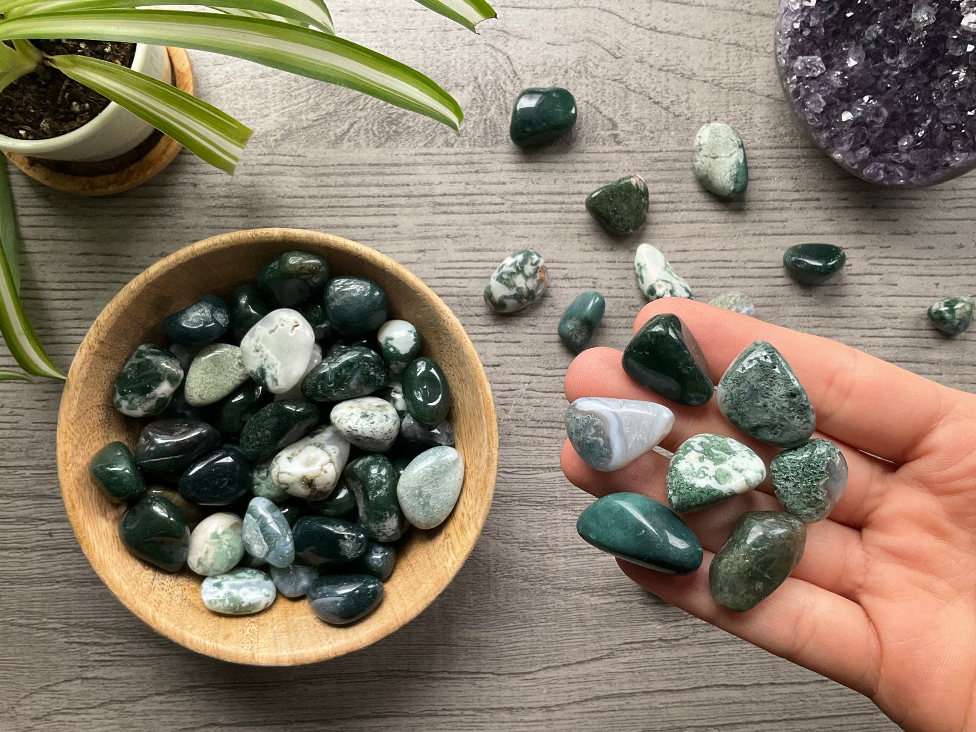 Moss Agate Tumbled Stone close up