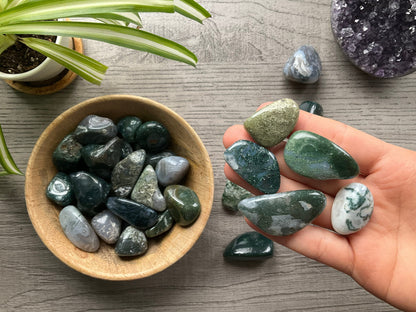 Moss Agate Tumbled Stone (Large) close up