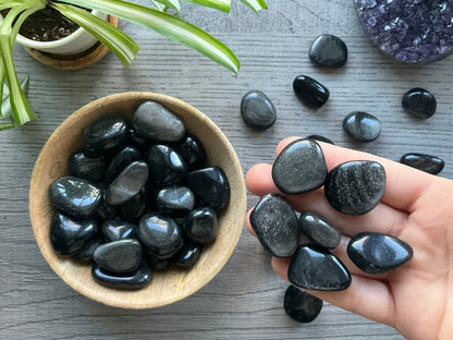 Silver Sheen Obsidian Tumbled Stone close up