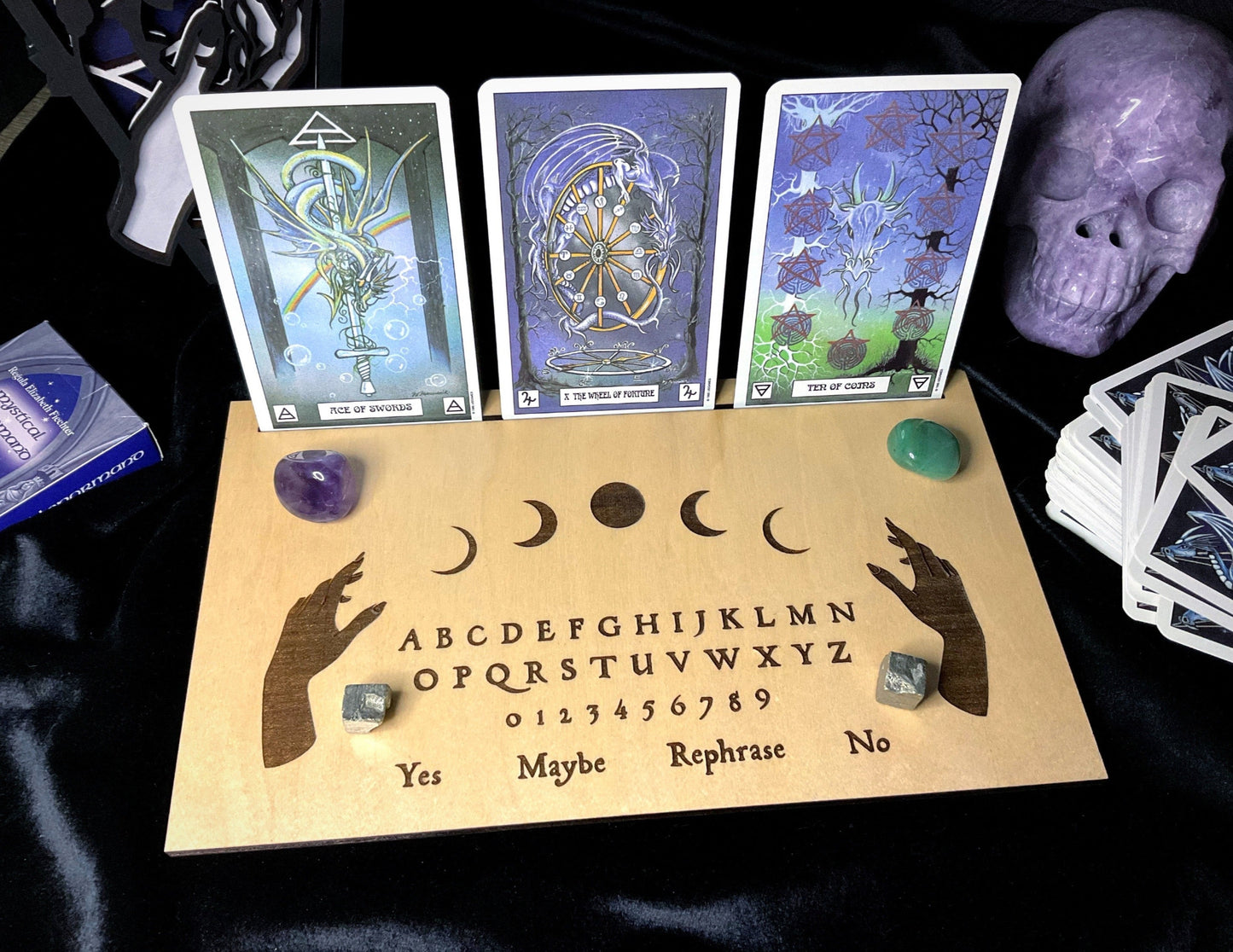 Pictured is a wood tarot card holder and divination board. Tarot Card Holder & Divination Board - The Wandering Fox Emporium, Your Metaphysical Store