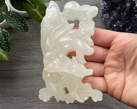 Chalcedony Nine-Tailed Fox Crystal Carving, front