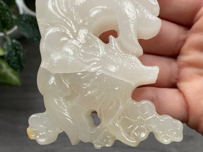 Chalcedony Nine-Tailed Fox Crystal Carving, close up