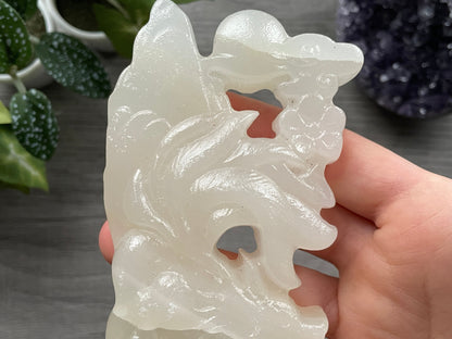 Chalcedony Nine-Tailed Fox Crystal Carving, close up 2