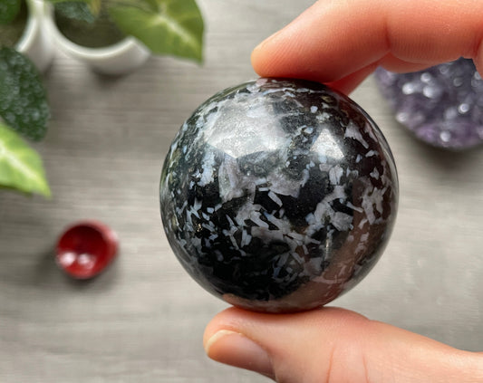 Mystic Merlinite (Indigo Gabbro) Sphere (H) - The Wandering Fox Emporium, Your Crystal Store front