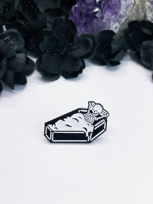 Sleeping Skeleton in Coffin Enamel Pin