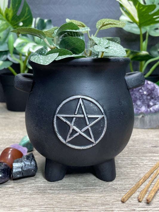 Pentagram Black Cauldron Plant Pot front