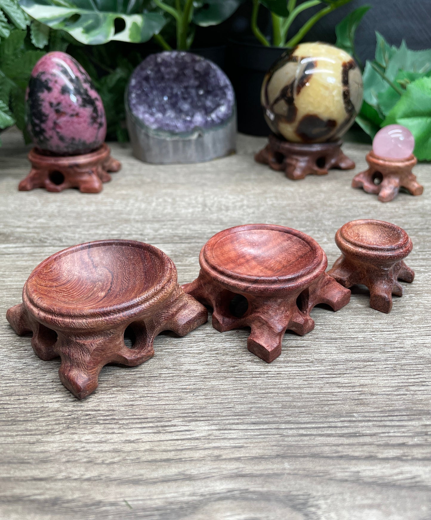 Hand-Carved Wood Crystal Sphere & Egg Stand sizes