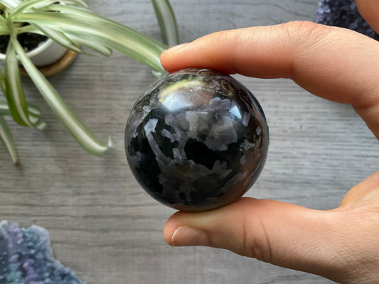 Mystic Merlinite (Indigo Gabbro) Sphere (F) - The Wandering Fox Emporium, Your Crystal Store front