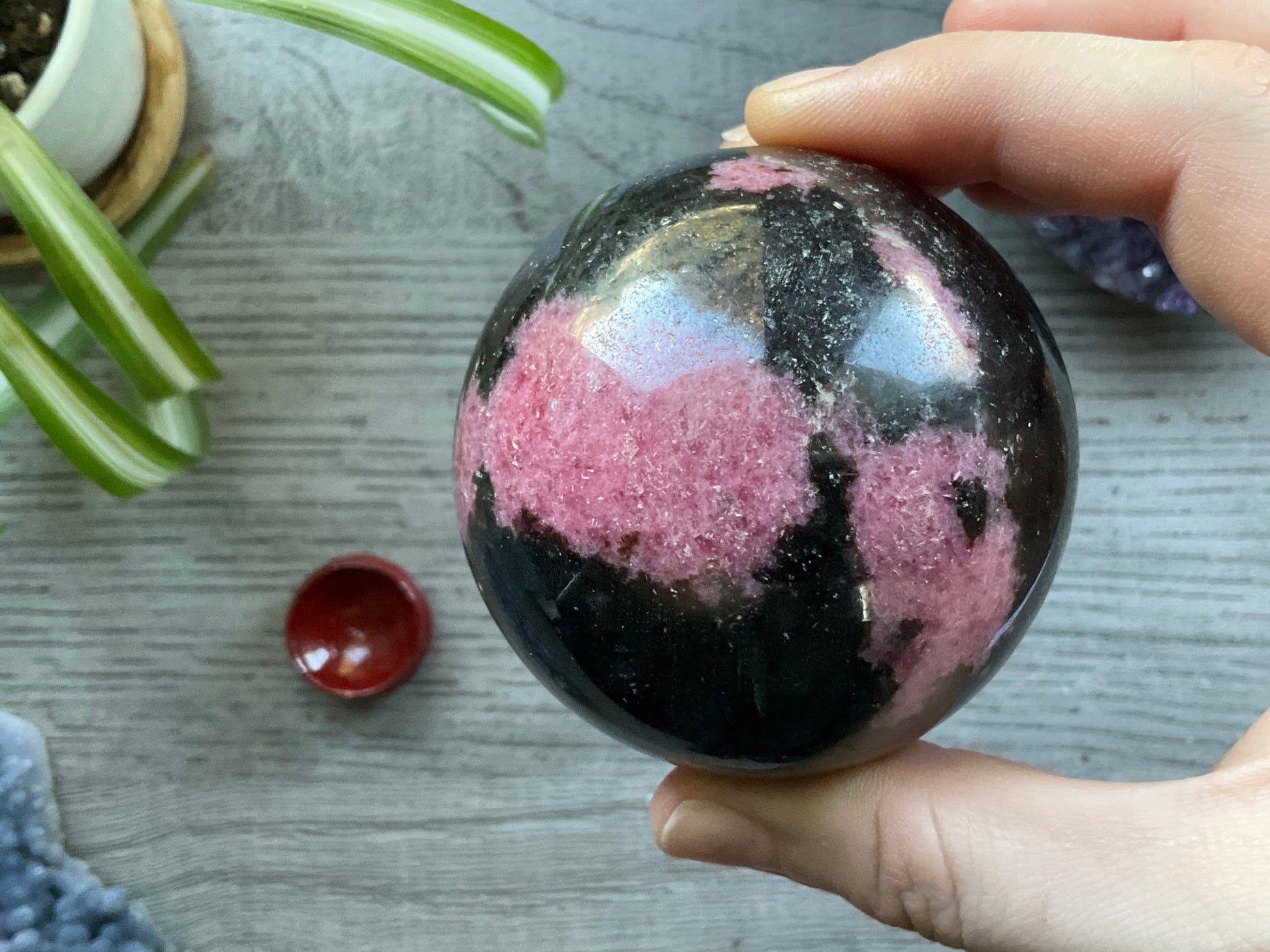 Rhodonite Sphere - 65mm - The Wandering Fox Emporium, Your Crystal Store side