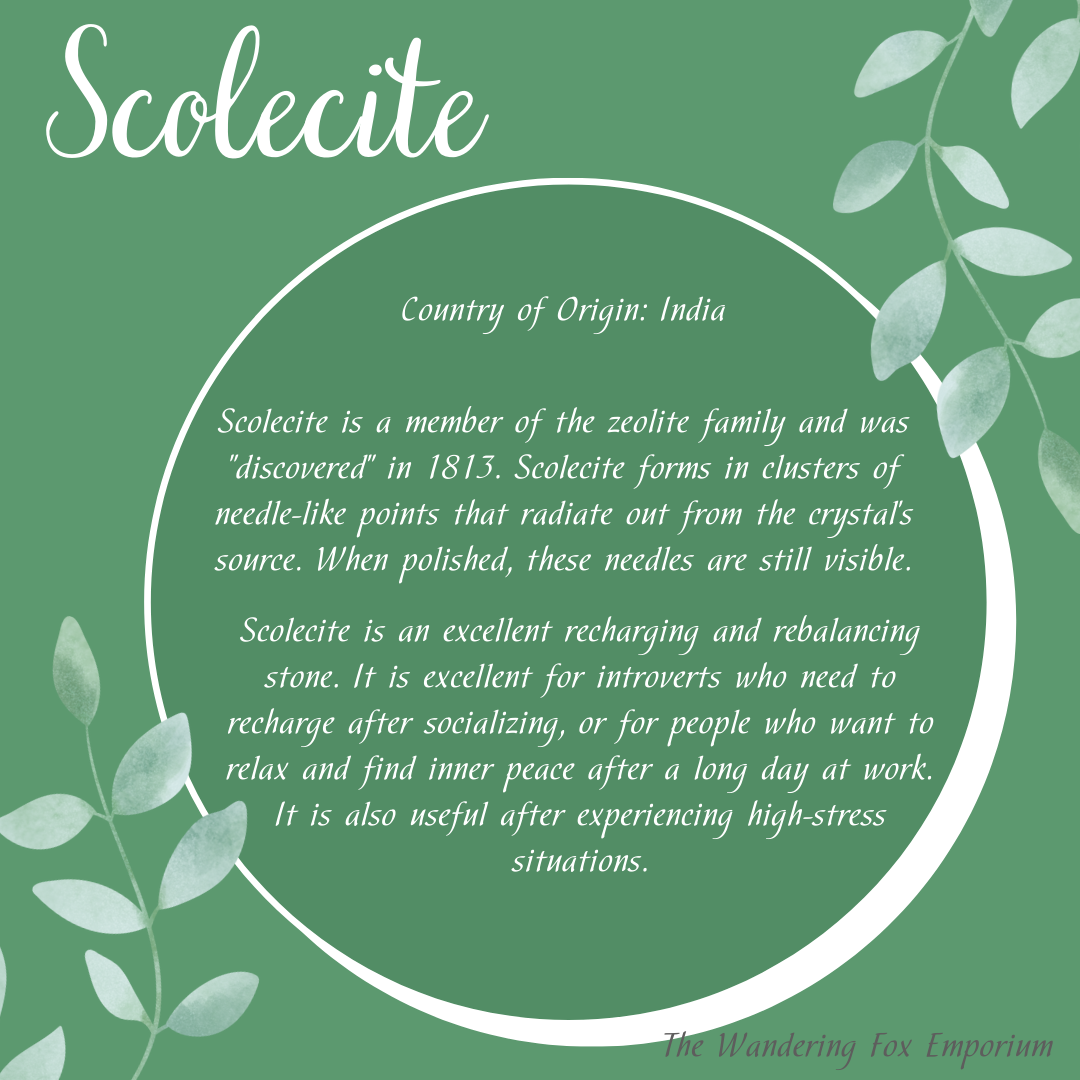 Pictured is the meaning of scolecite. Scolecite Palm Stone