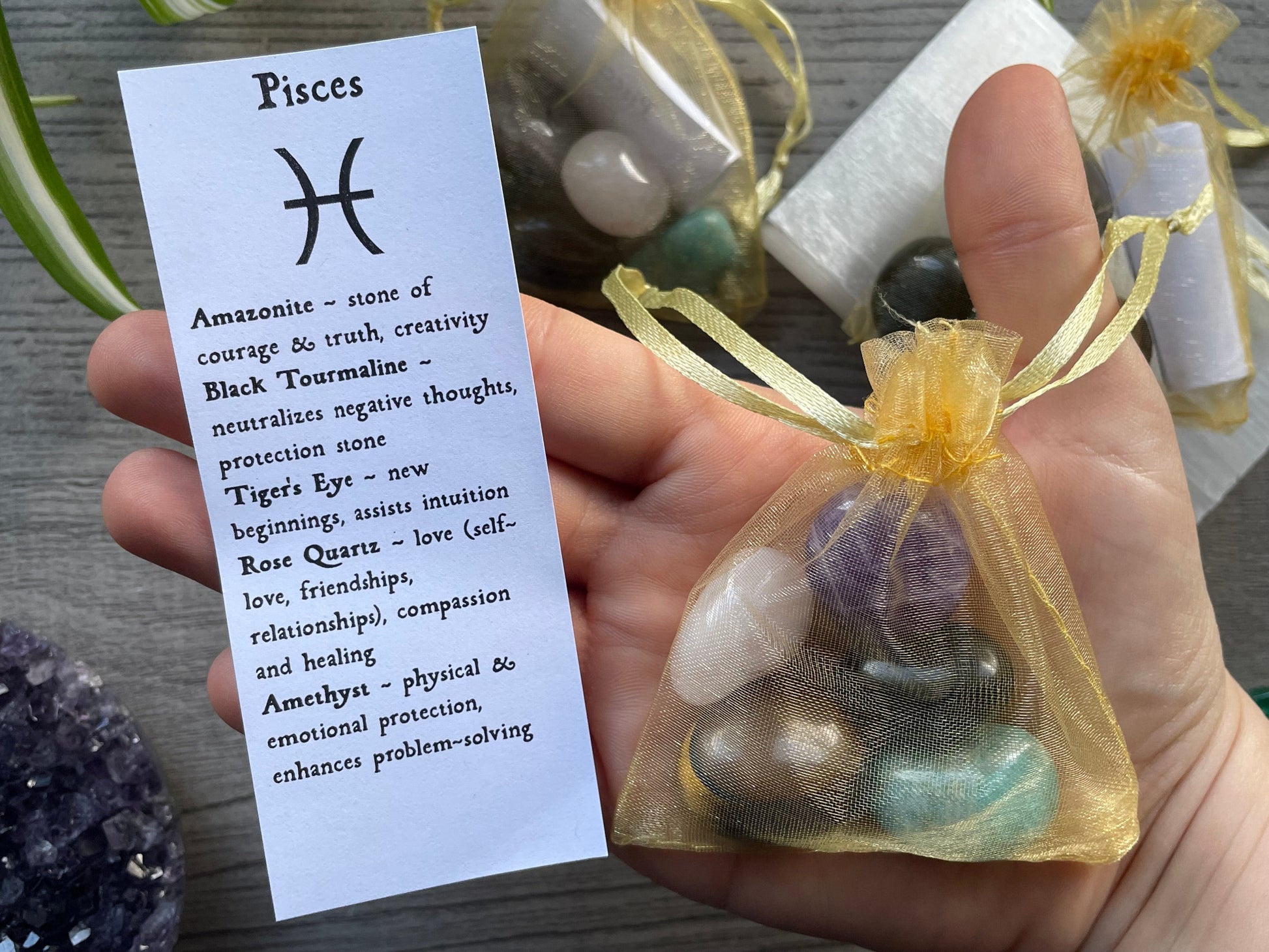 An image of a collection of tumbled stones in an organza bag. To the side is a piece of paper that describes what each tumbled stone's metaphysical properties are. PISCES Zodiac Tumbled Crystal Bag front